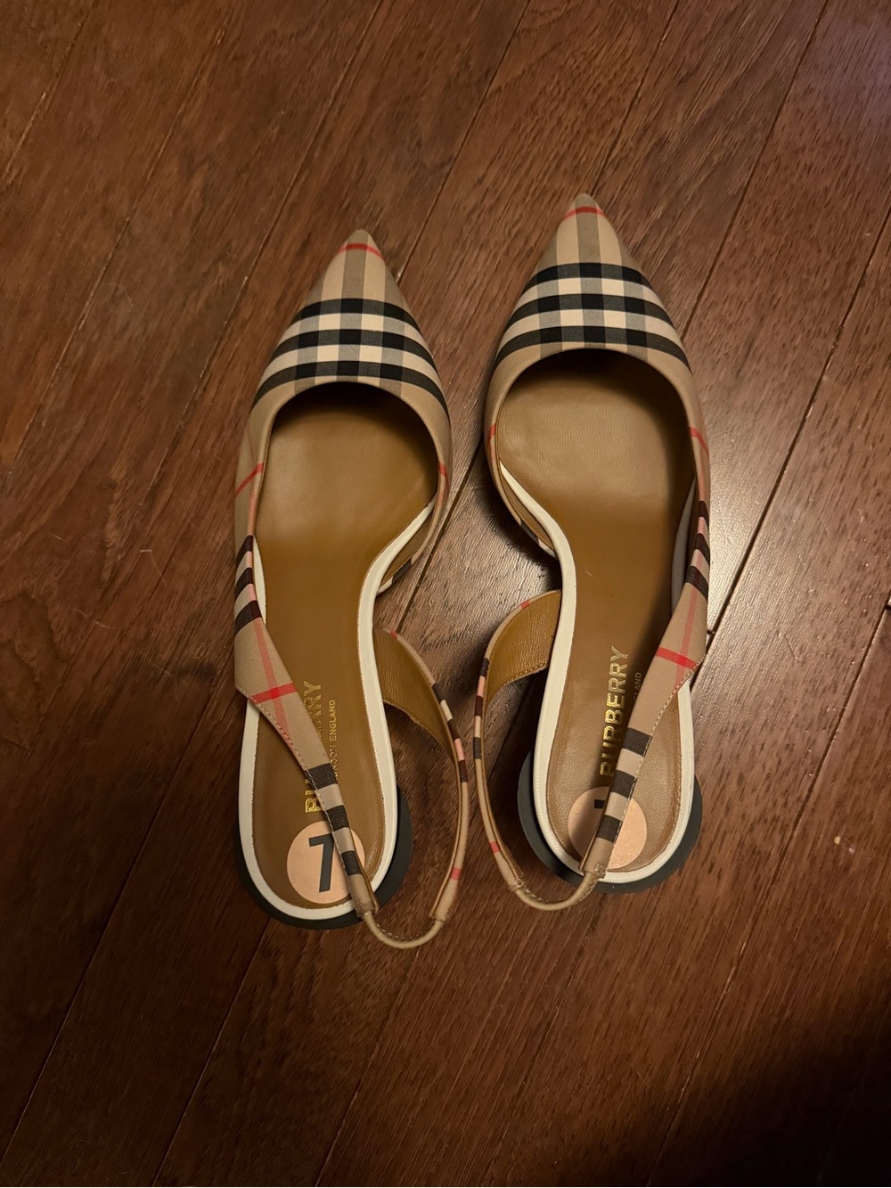 Burberry Beige Check Pointed Slingback Flats with Black & Red Accents never worn